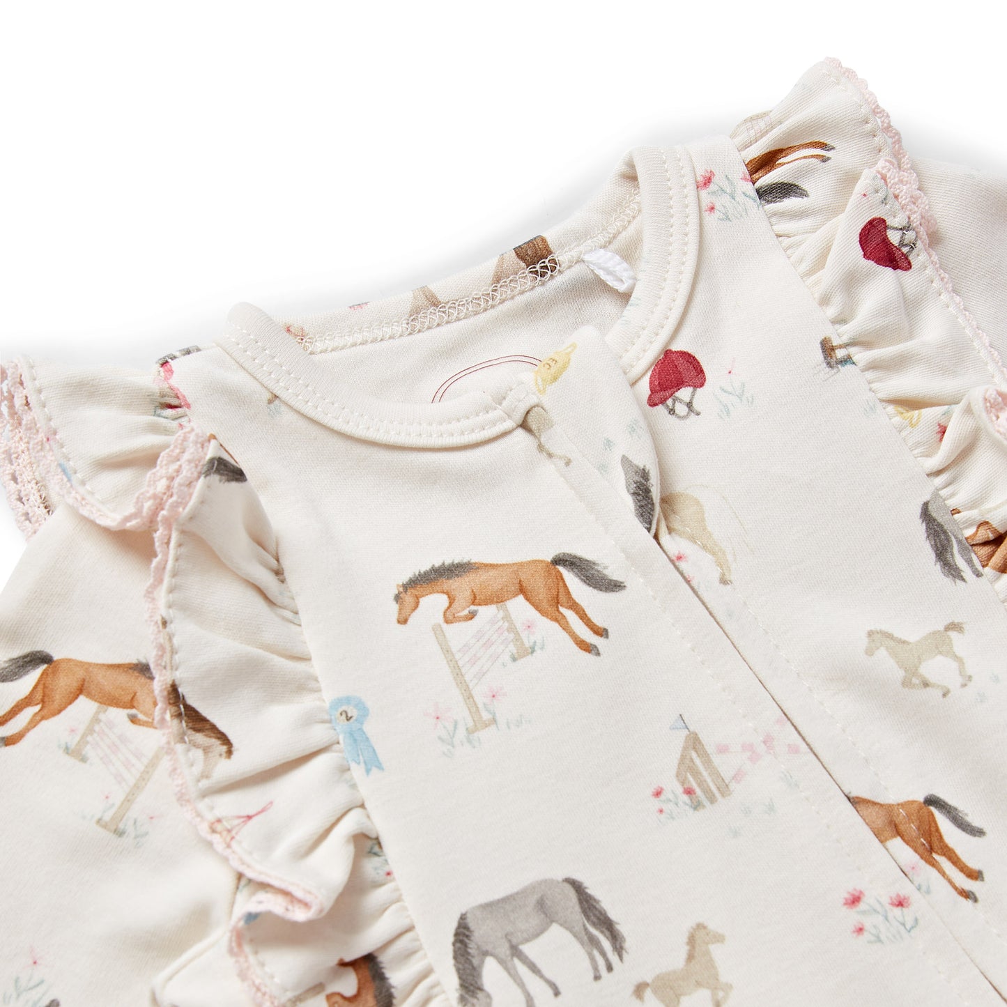 Organic Cotton Pony Print Frill Zip Sleepsuit Wholesale
