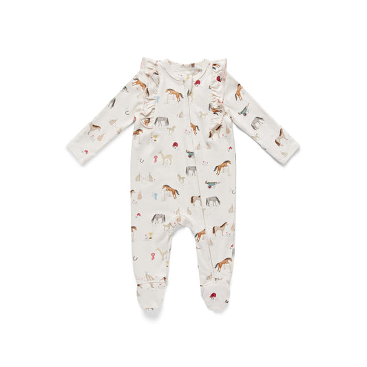 Organic Cotton Pony Print Frill Zip Sleepsuit Wholesale